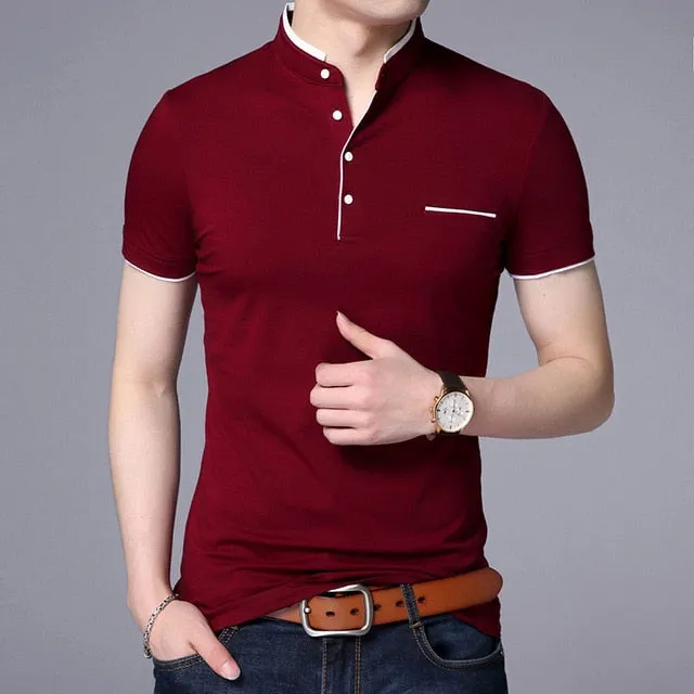 2019 New Fashions Brand Designer Polo Shirt Mens Solid Color Mandarin Collar Slim Fit Short Sleeve Boy Polos Casual Men Clothing