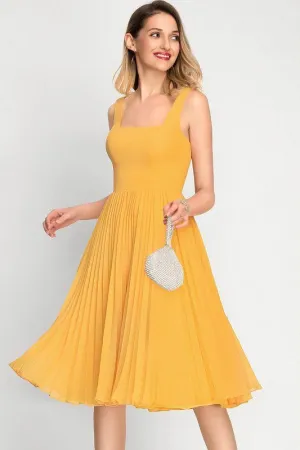 A-Line Square Neckline Cocktail Dress With Pleated Knee-Length Chiffon