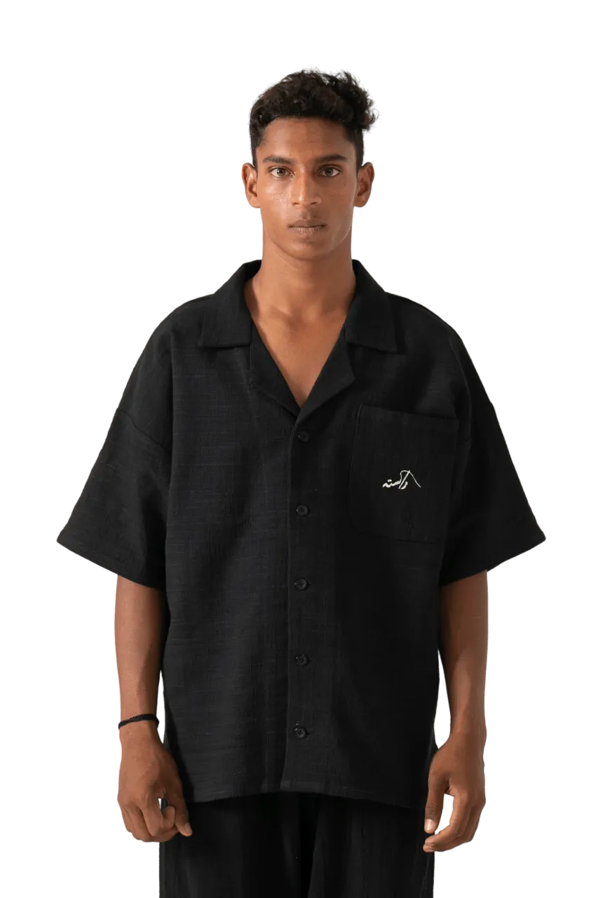 black handwoven button down