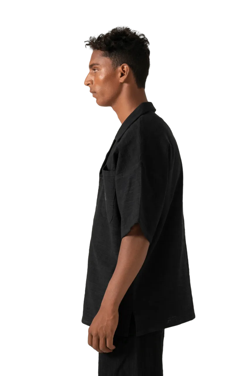 black handwoven button down