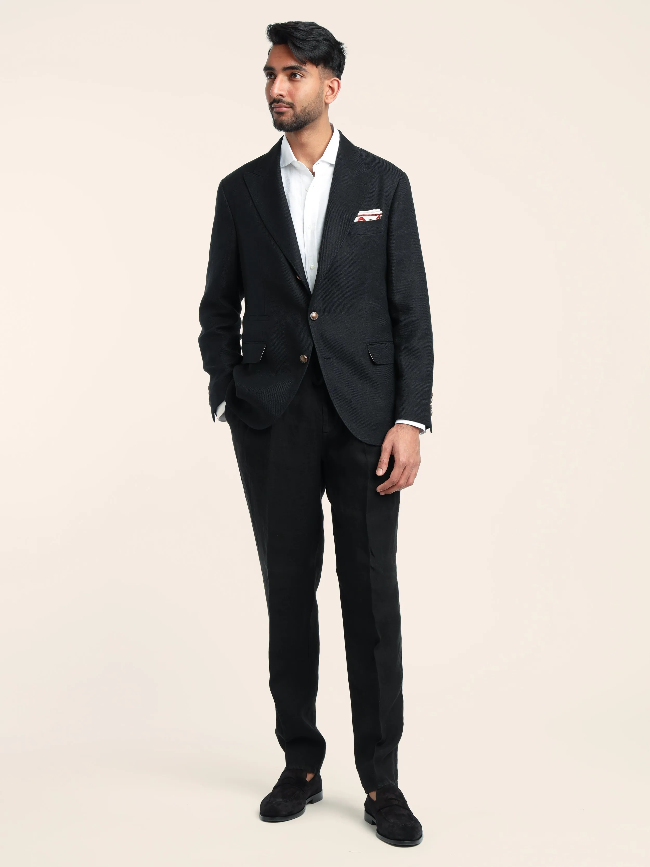 Black Linen-Wool-Silk Diagonal Deconstructed Sport Jacket