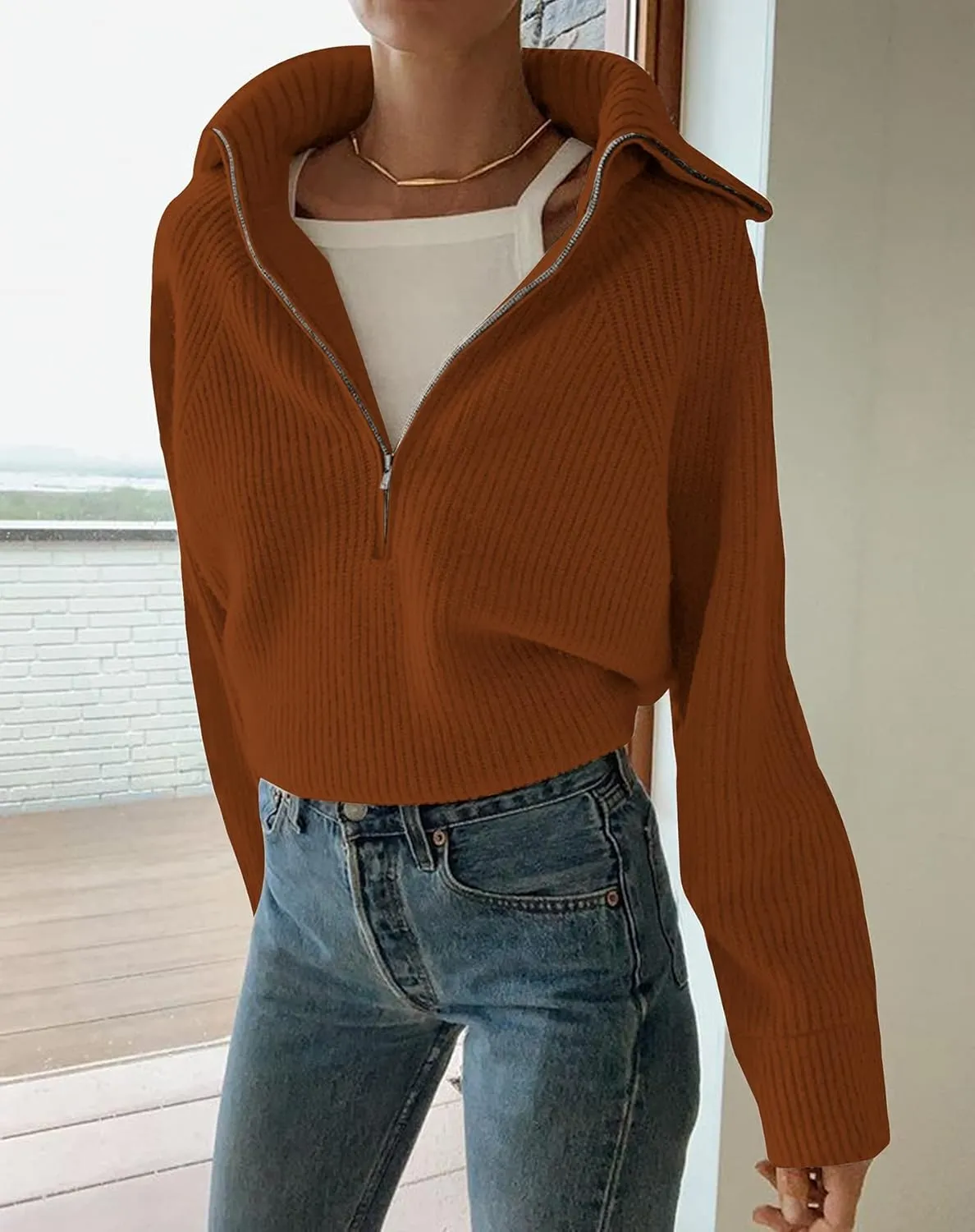 BTFBM Womens Casual Long Sleeve Half Zip Pullover Sweaters Solid V Neck Collar Ribbed Knitted Loose Slouchy Jumper Tops
