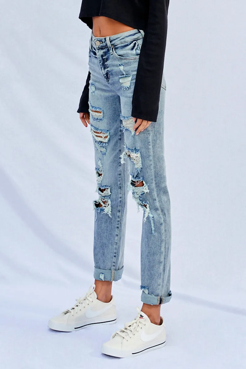 Bubbles Stretched High Rise Girlfriend Jeans