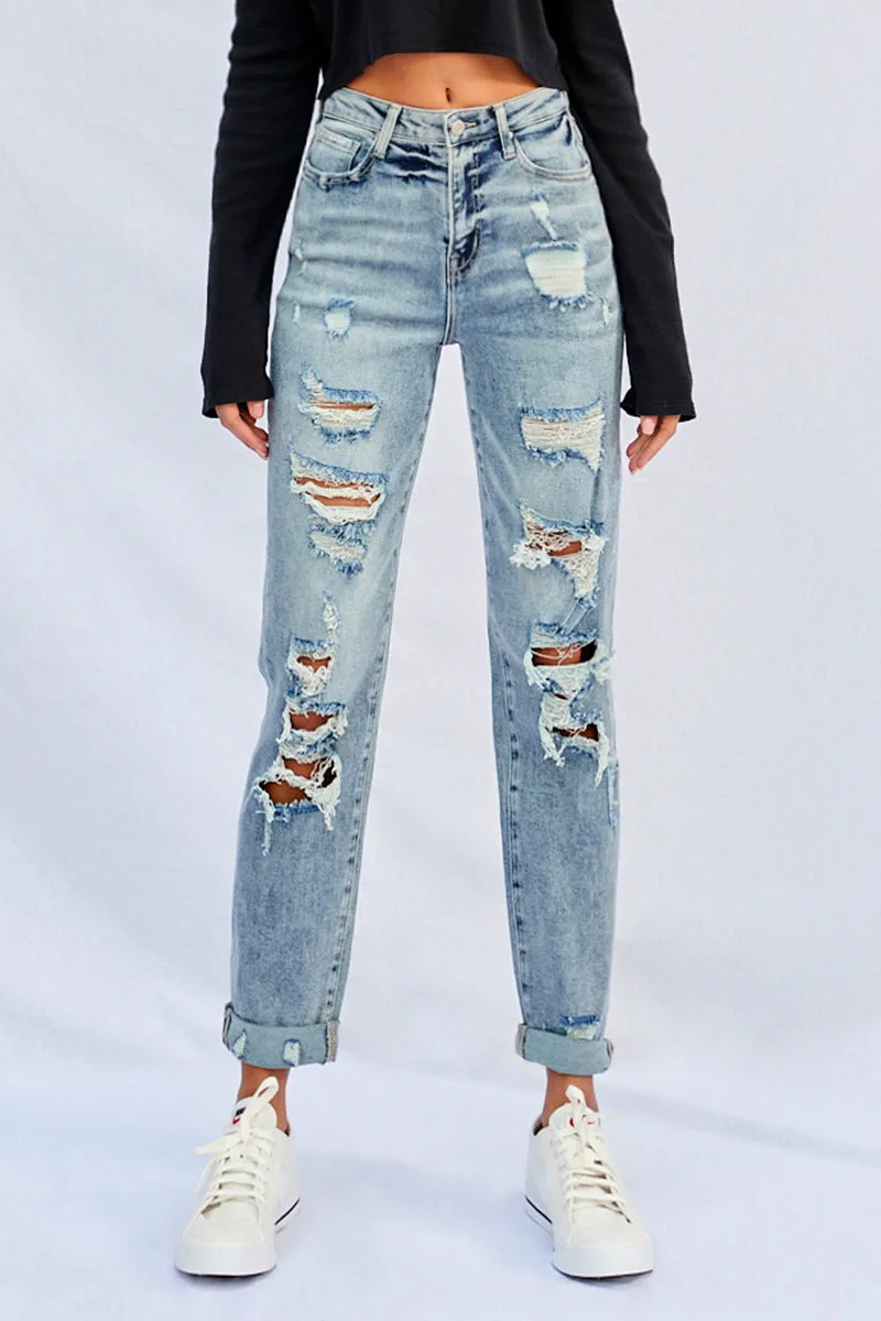 Bubbles Stretched High Rise Girlfriend Jeans