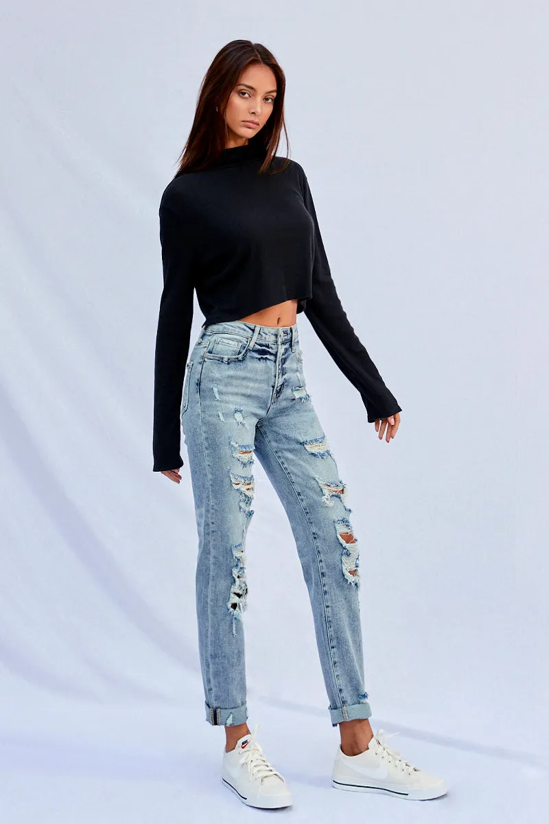 Bubbles Stretched High Rise Girlfriend Jeans