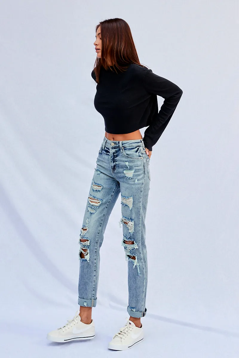 Bubbles Stretched High Rise Girlfriend Jeans