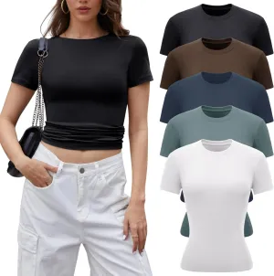 BVNSOZ 3-5 Pack Womens T Shirts Short Sleeve Basic Tops for Women Crew Neck Fitted Tops Fashion Tight Shirts for Women
