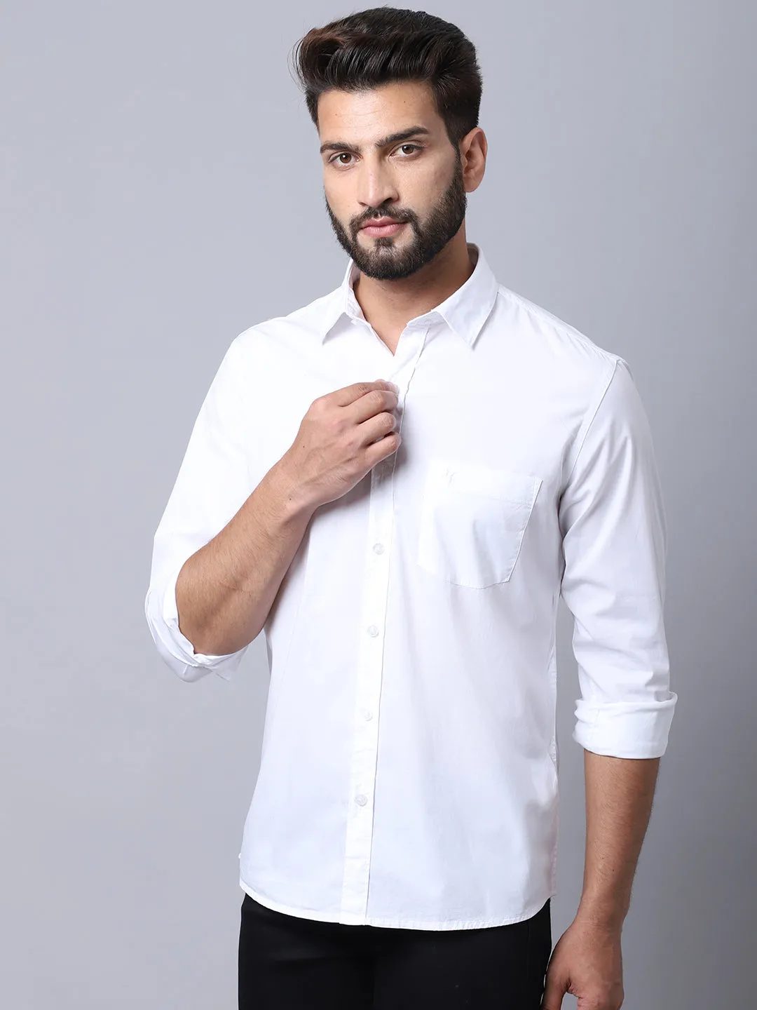 Cantabil Cotton Blend Solid White Full Sleeve Casual Shirt for Men with Pocket