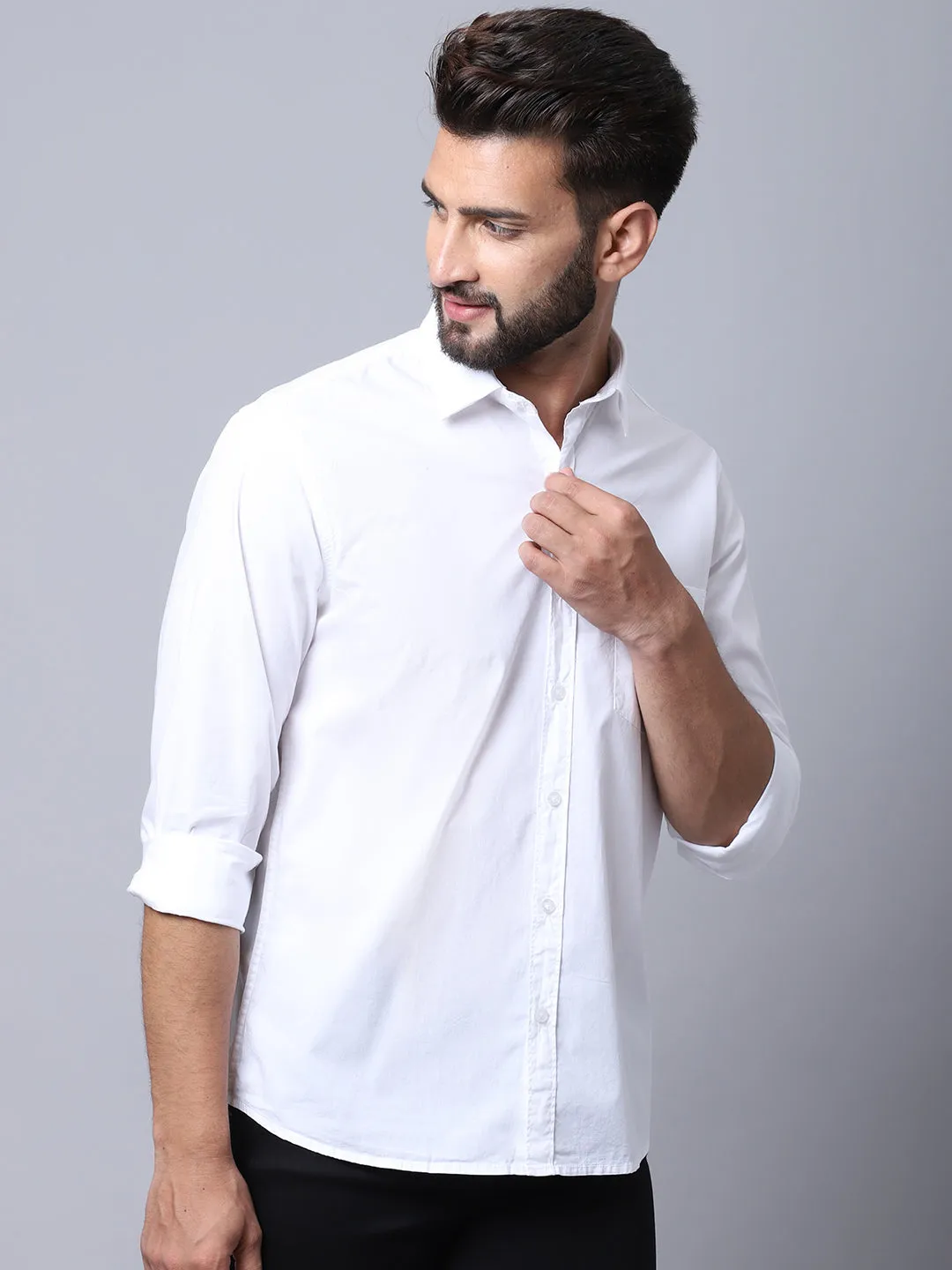 Cantabil Cotton Blend Solid White Full Sleeve Casual Shirt for Men with Pocket