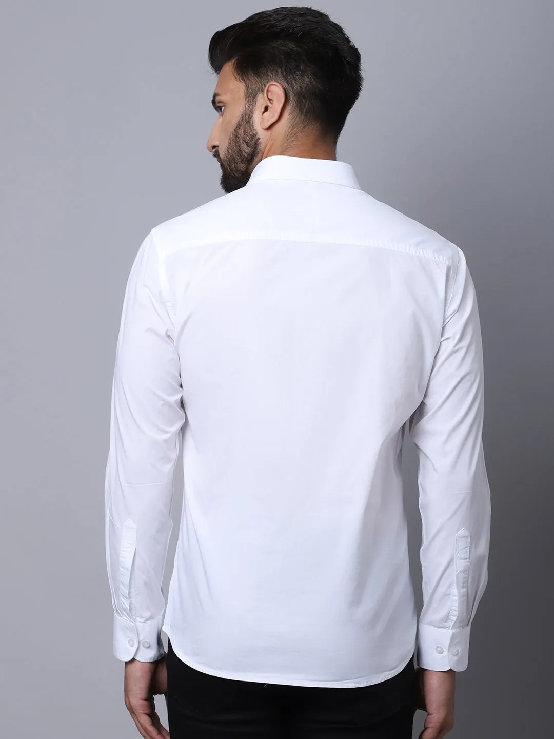 Cantabil Cotton Blend Solid White Full Sleeve Casual Shirt for Men with Pocket
