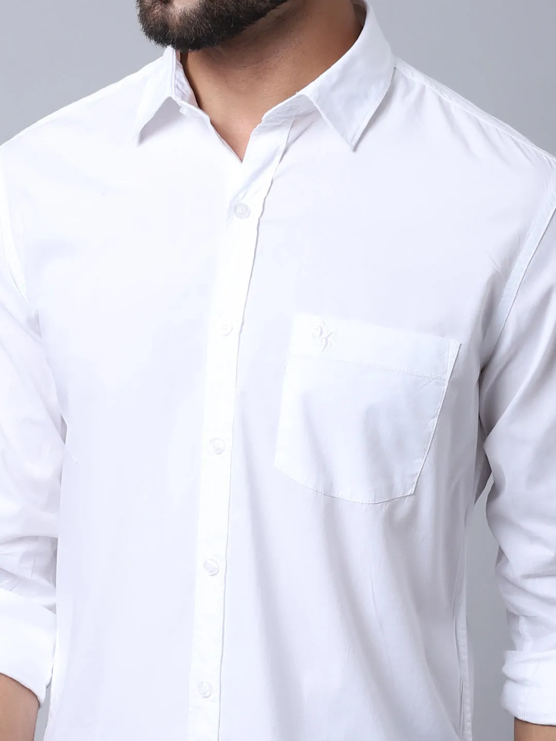 Cantabil Cotton Blend Solid White Full Sleeve Casual Shirt for Men with Pocket