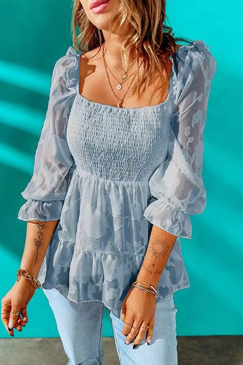 Casual Solid Mesh Square Collar Tops(4 colors)