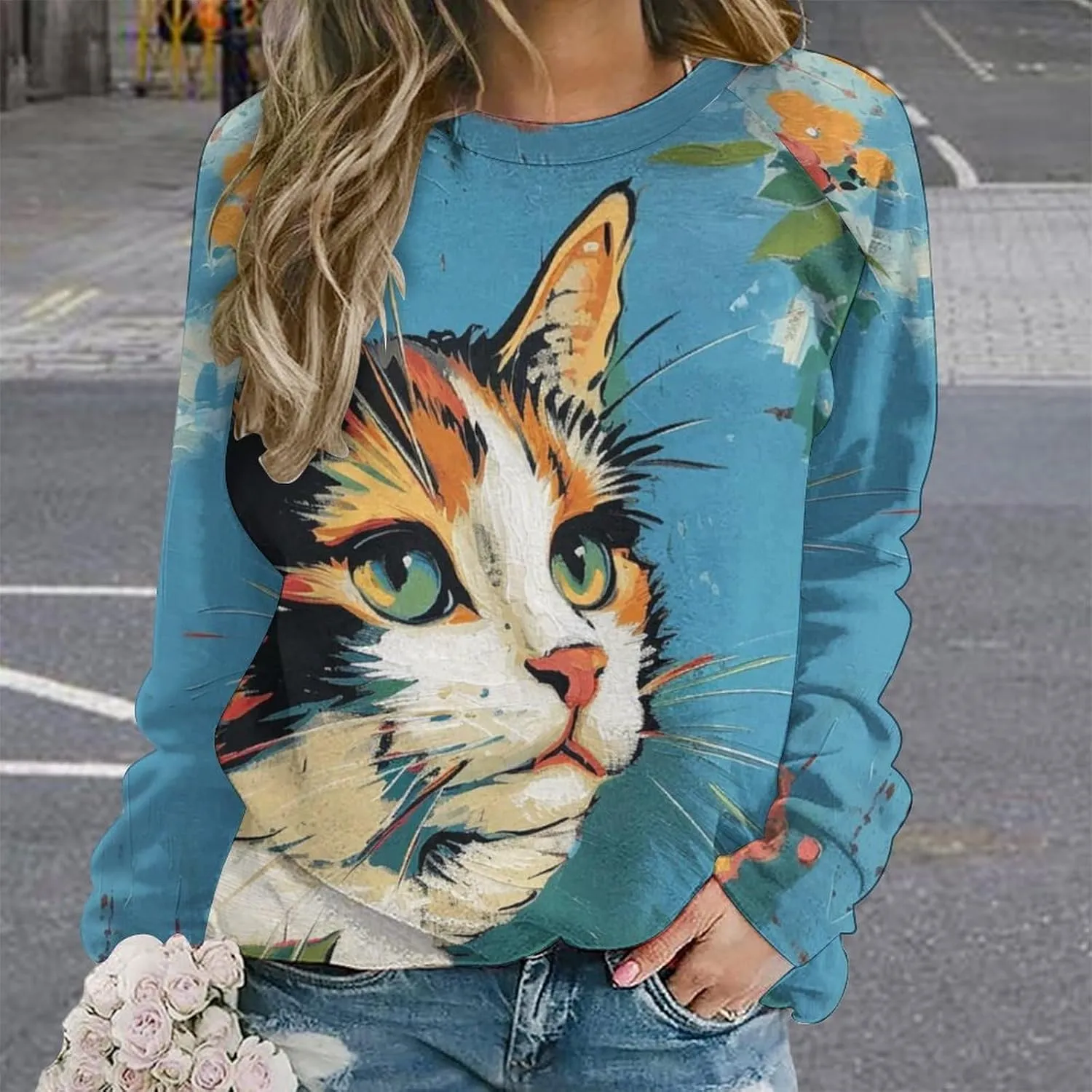 Cat Sweatshirts for Women Cute Cat Sweater Graphic Crewneck Sweatshirts Oversized Novelty Funny Sweatshirts Sweater