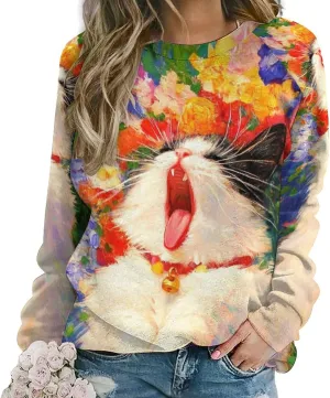 Cat Sweatshirts for Women Cute Cat Sweater Graphic Crewneck Sweatshirts Oversized Novelty Funny Sweatshirts Sweater