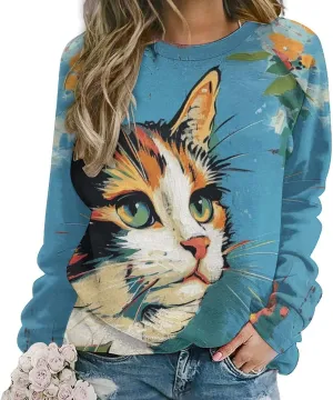 Cat Sweatshirts for Women Cute Cat Sweater Graphic Crewneck Sweatshirts Oversized Novelty Funny Sweatshirts Sweater