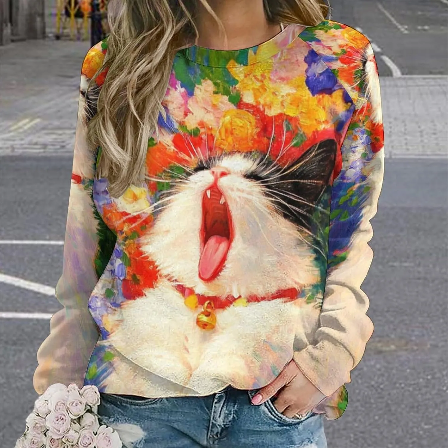 Cat Sweatshirts for Women Cute Cat Sweater Graphic Crewneck Sweatshirts Oversized Novelty Funny Sweatshirts Sweater