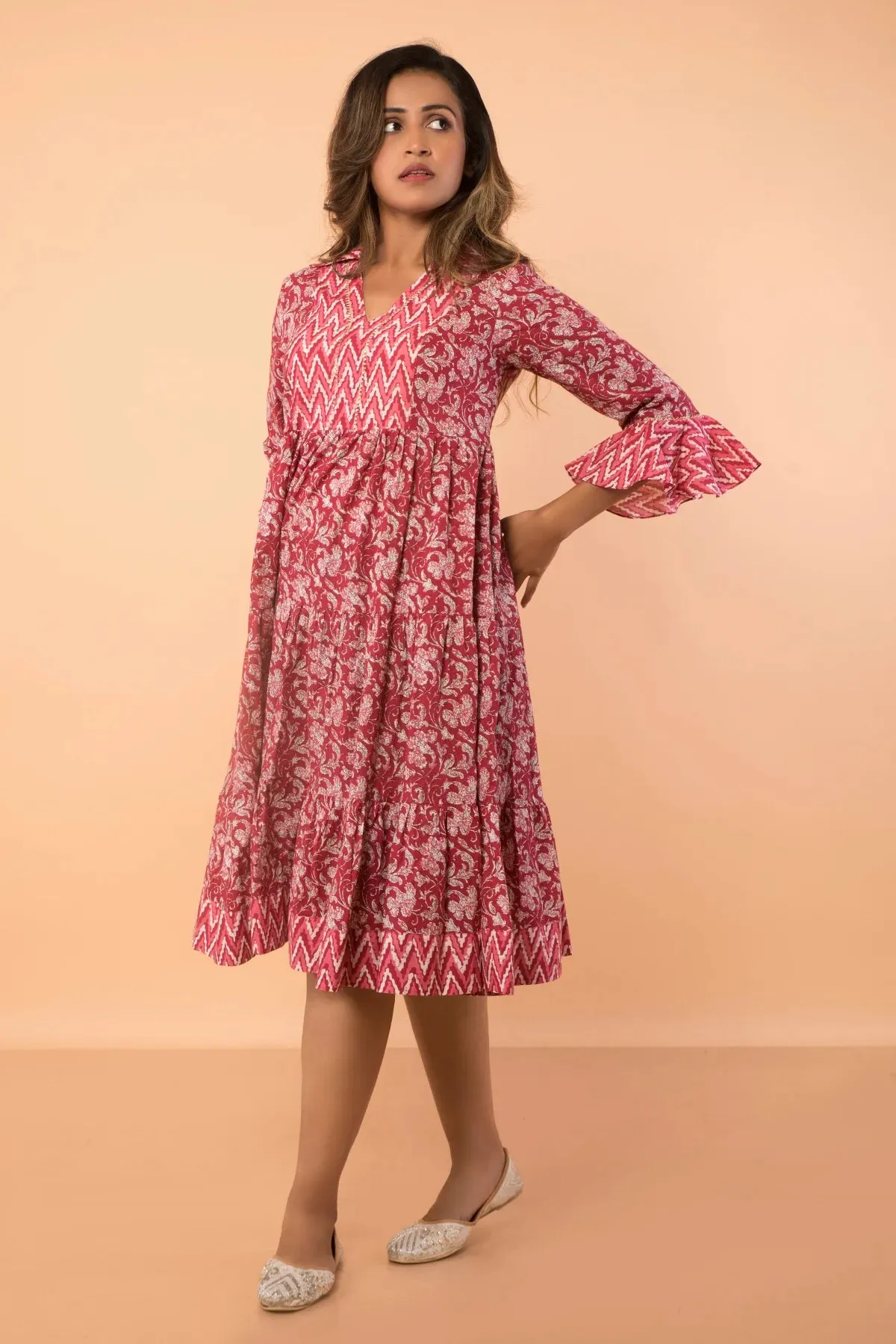 Cherry Floral Print Flared Sleeved Dress With Collar