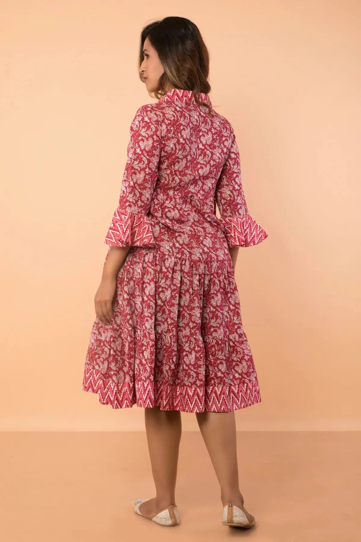 Cherry Floral Print Flared Sleeved Dress With Collar