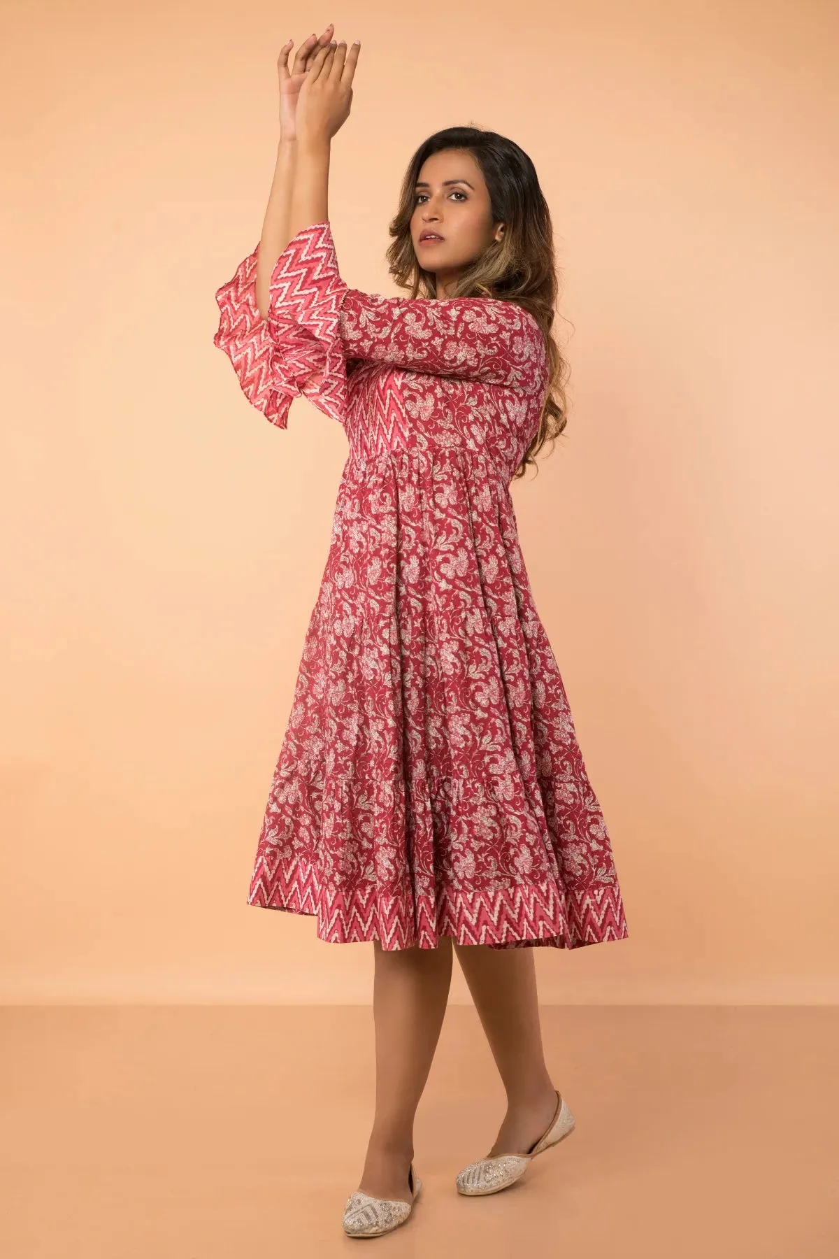 Cherry Floral Print Flared Sleeved Dress With Collar