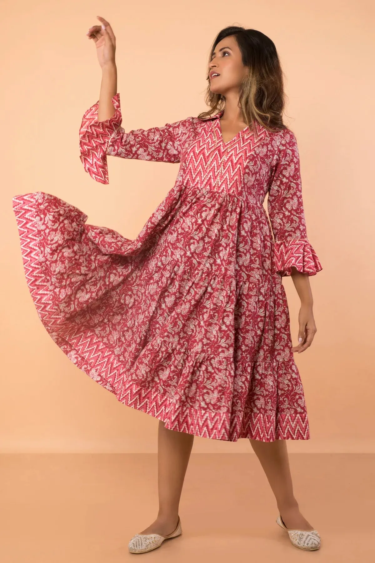 Cherry Floral Print Flared Sleeved Dress With Collar