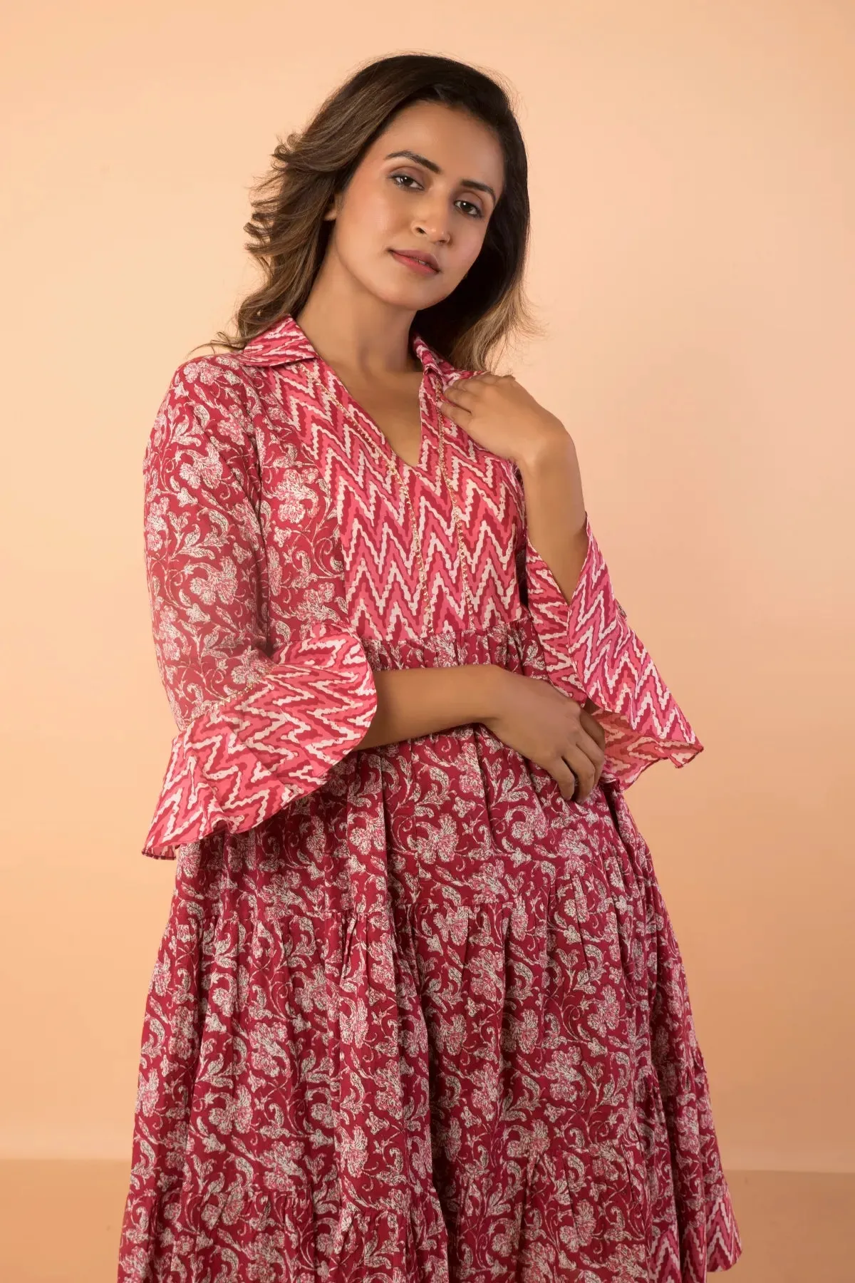 Cherry Floral Print Flared Sleeved Dress With Collar