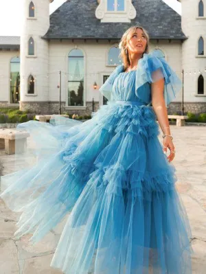 Chic A-line Blue Long Prom Dresses Multi-layered Blue Evening Formal Dresses kts061