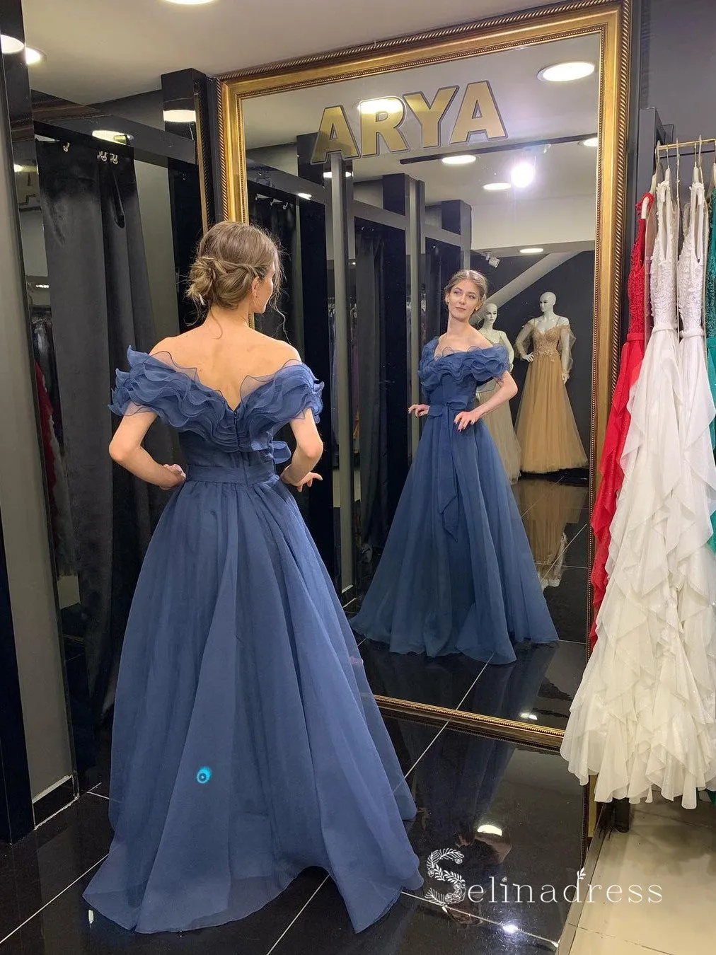 Chic A-line Off-the-shoulder Blue Long Prom Dresses Tulle Evening Gowns MHL2813