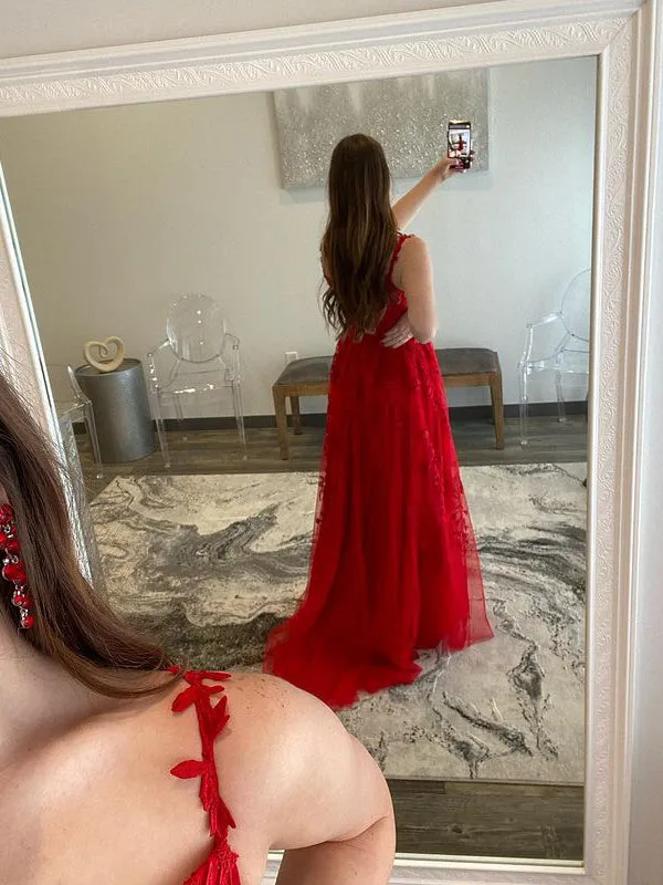 Chic A-line Spaghetti Straps Applique Lace Long Prom Dress Red Elegant Evening Dress #JKSS47