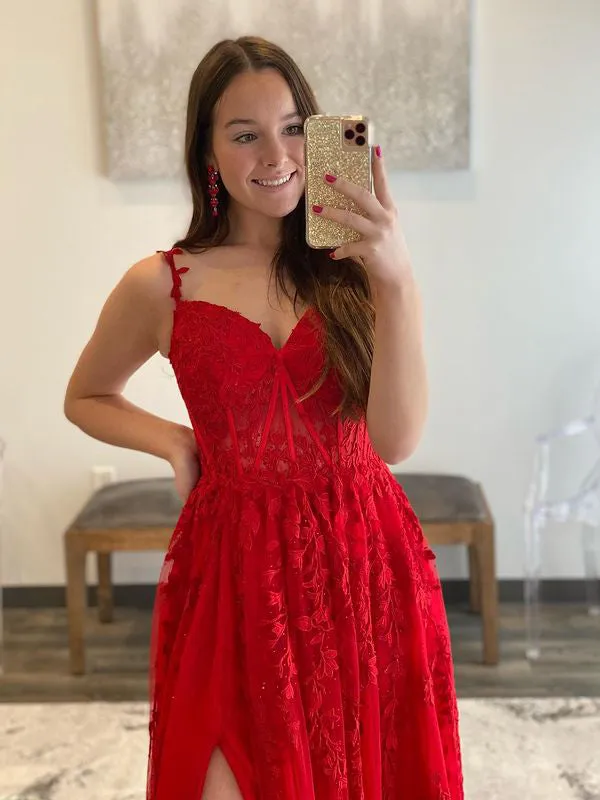 Chic A-line Spaghetti Straps Applique Lace Long Prom Dress Red Elegant Evening Dress #JKSS47