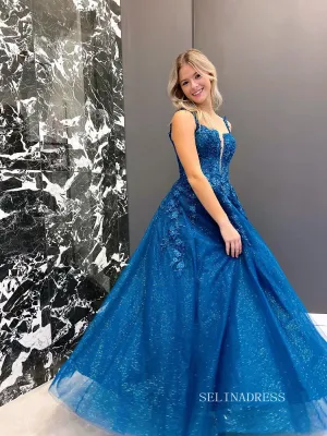 Chic A-line Spaghetti Straps Blue Appliques Long Prom Dress Elegant Party Dress #OPW016