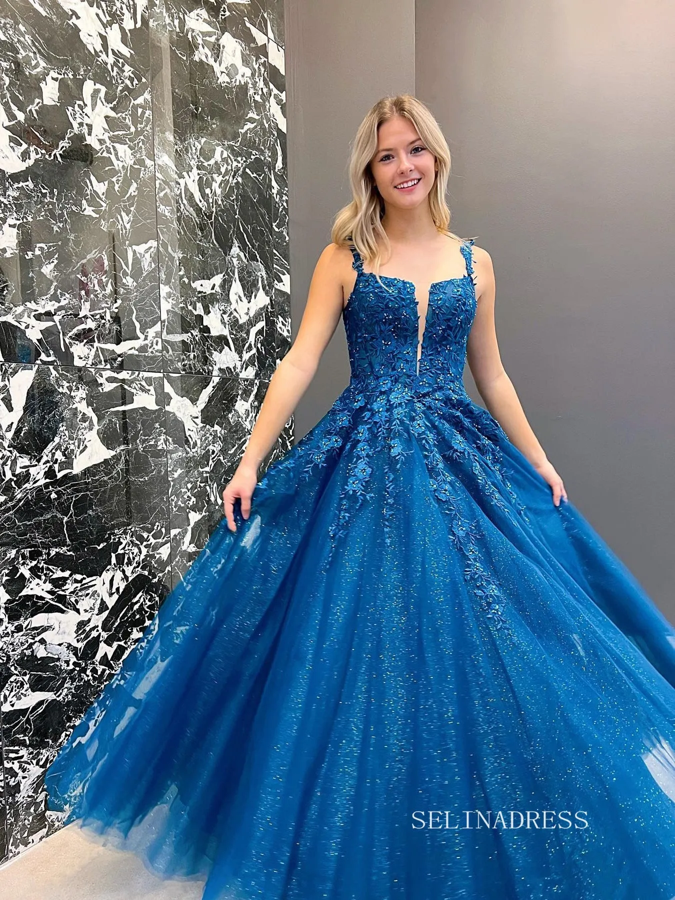 Chic A-line Spaghetti Straps Blue Appliques Long Prom Dress Elegant Party Dress #OPW016