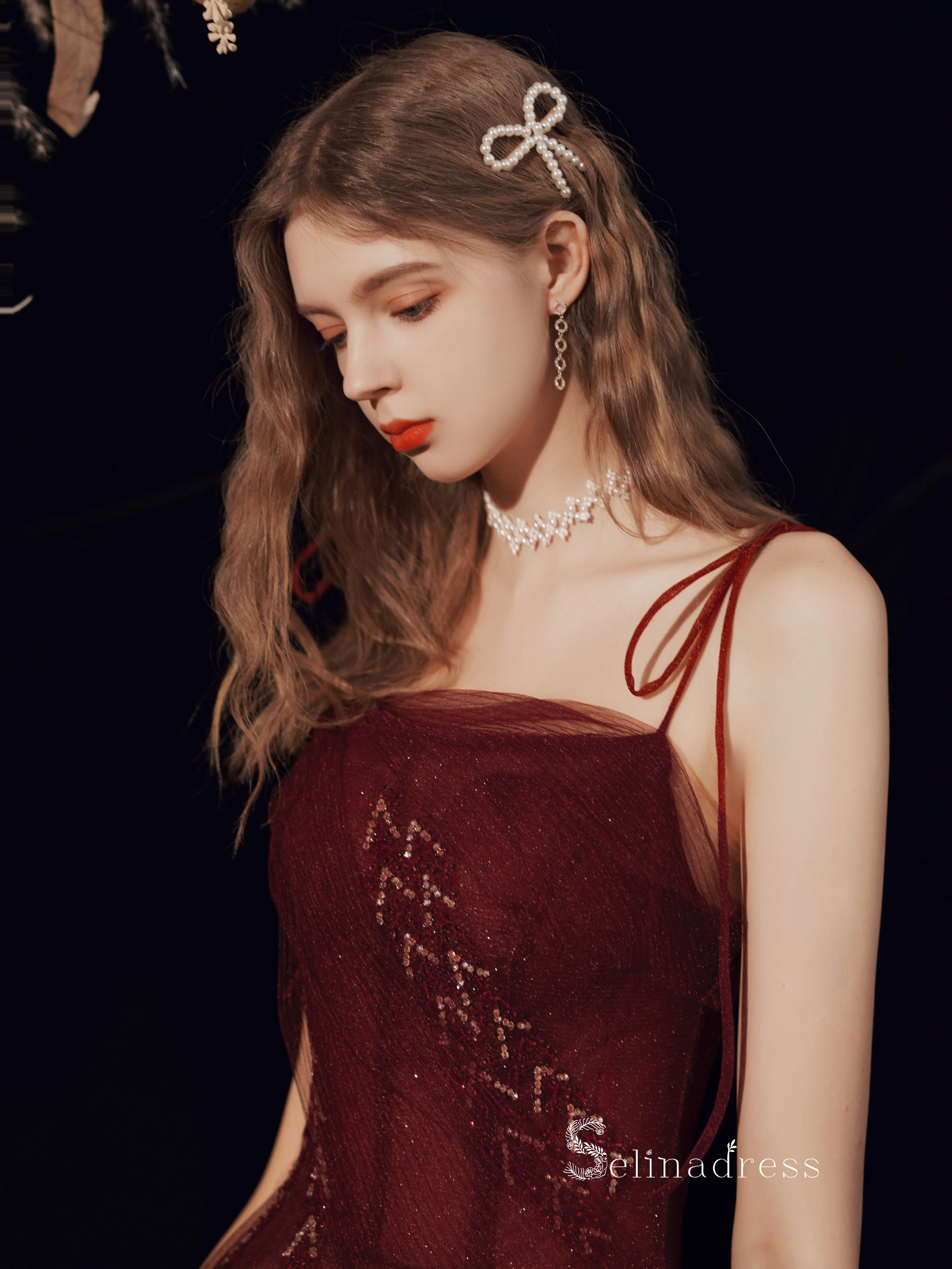 Chic A-line Spaghetti Straps Long Prom Dresses Cheap Burgundy Evening Dress CBD106