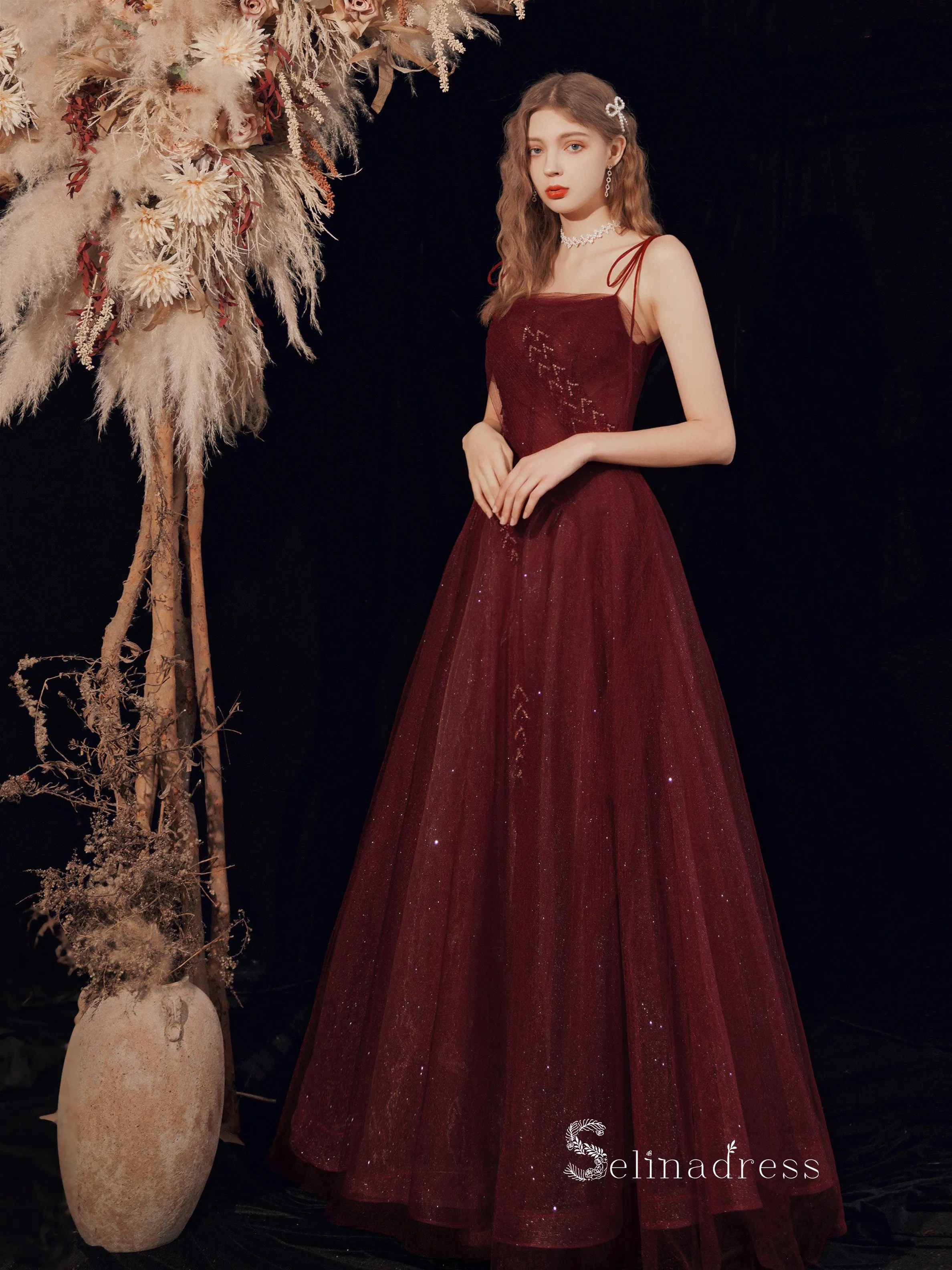 Chic A-line Spaghetti Straps Long Prom Dresses Cheap Burgundy Evening Dress CBD106