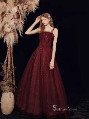 Chic A-line Spaghetti Straps Long Prom Dresses Cheap Burgundy Evening Dress CBD106