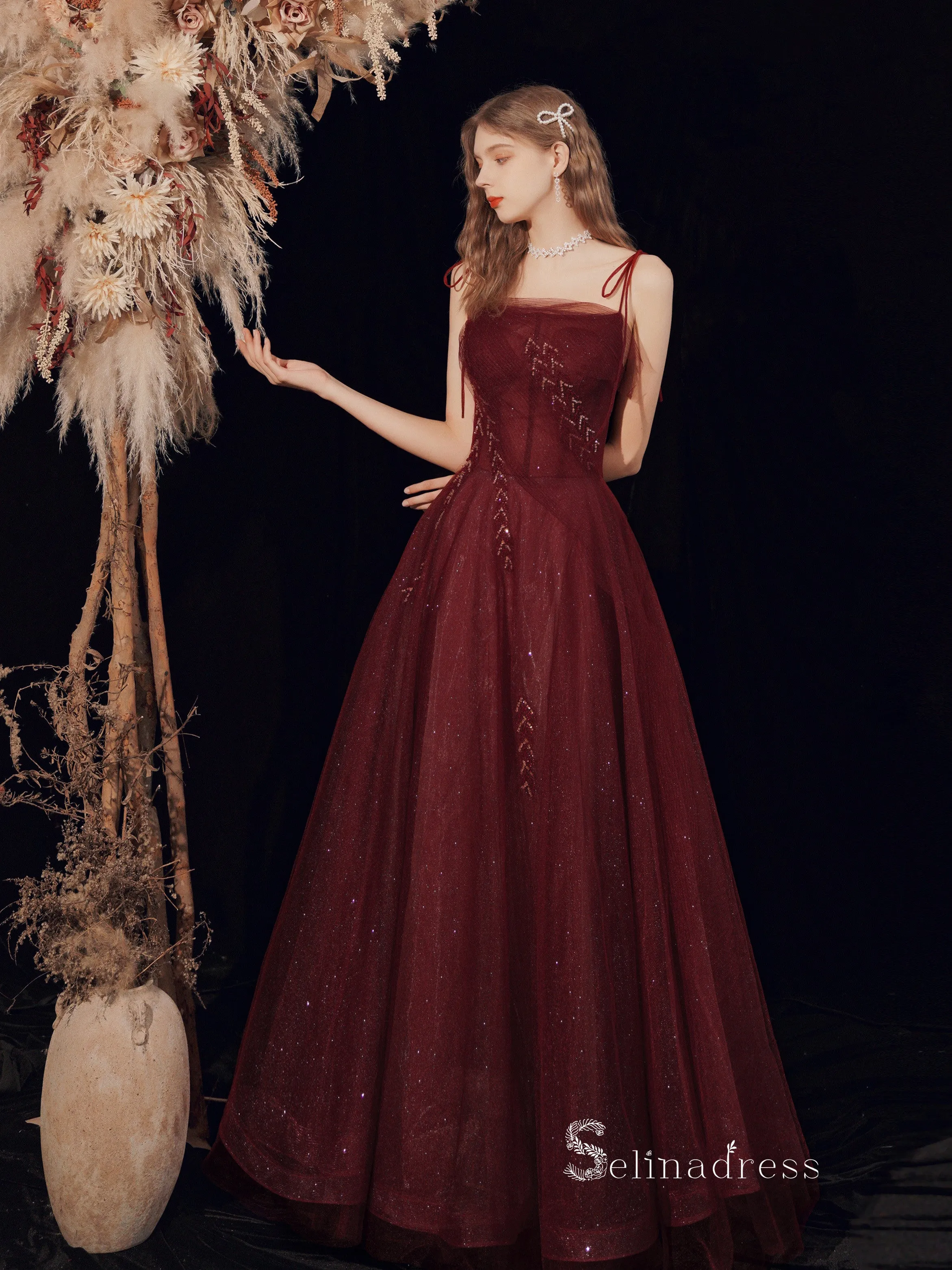 Chic A-line Spaghetti Straps Long Prom Dresses Cheap Burgundy Evening Dress CBD106