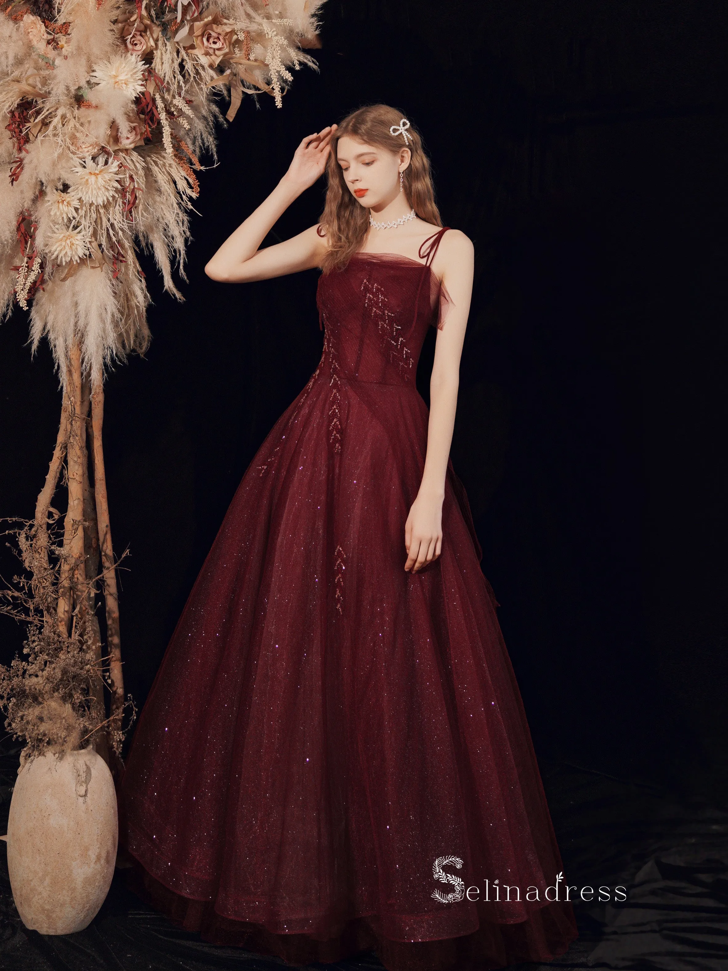 Chic A-line Spaghetti Straps Long Prom Dresses Cheap Burgundy Evening Dress CBD106