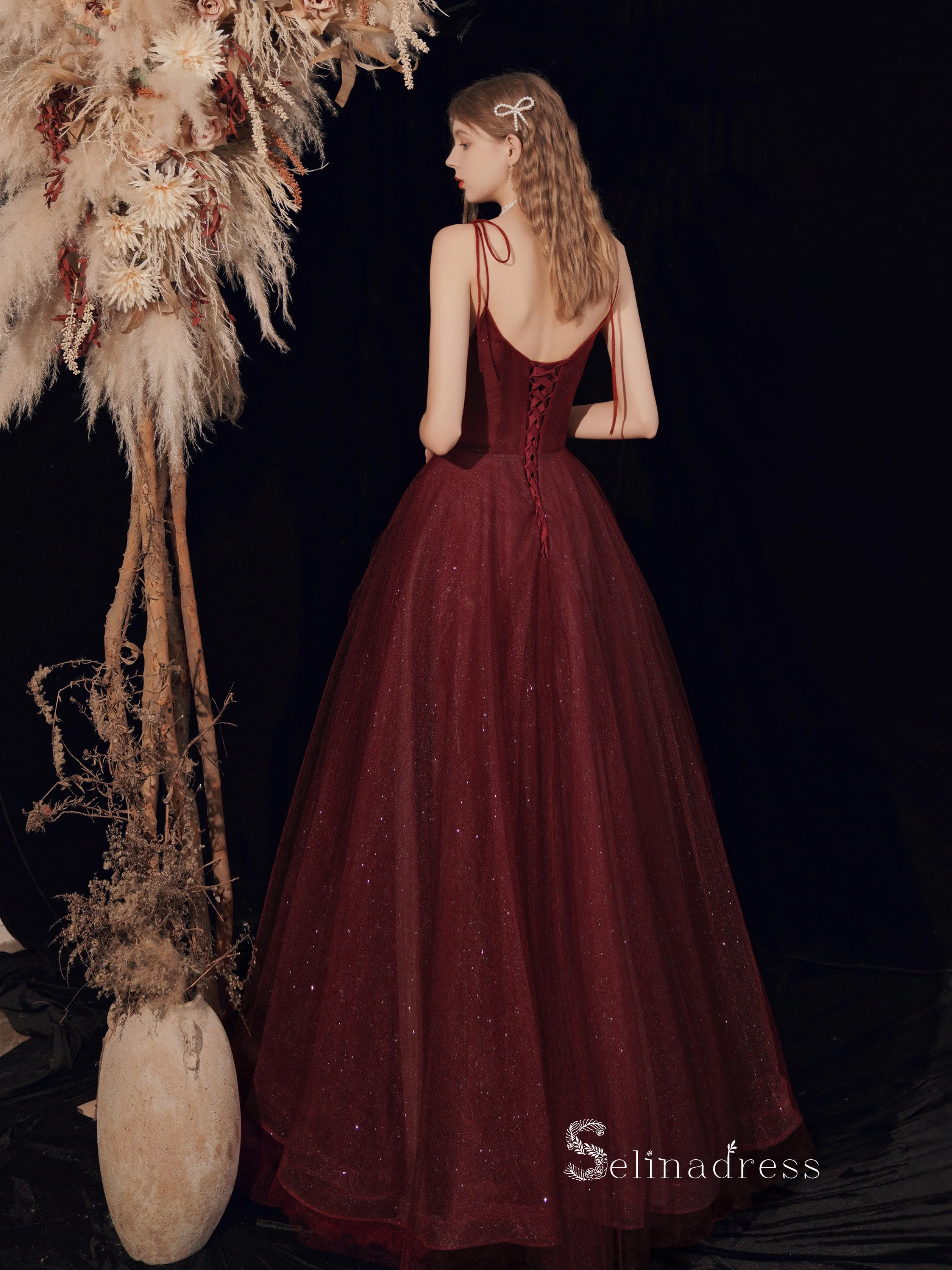 Chic A-line Spaghetti Straps Long Prom Dresses Cheap Burgundy Evening Dress CBD106