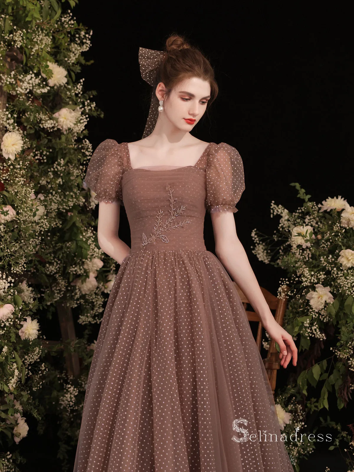 Chic A-line Square Short Sleeve Prom Dress Brown Evening Gowns MHL2874