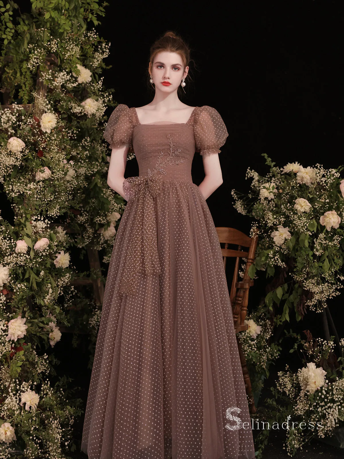Chic A-line Square Short Sleeve Prom Dress Brown Evening Gowns MHL2874