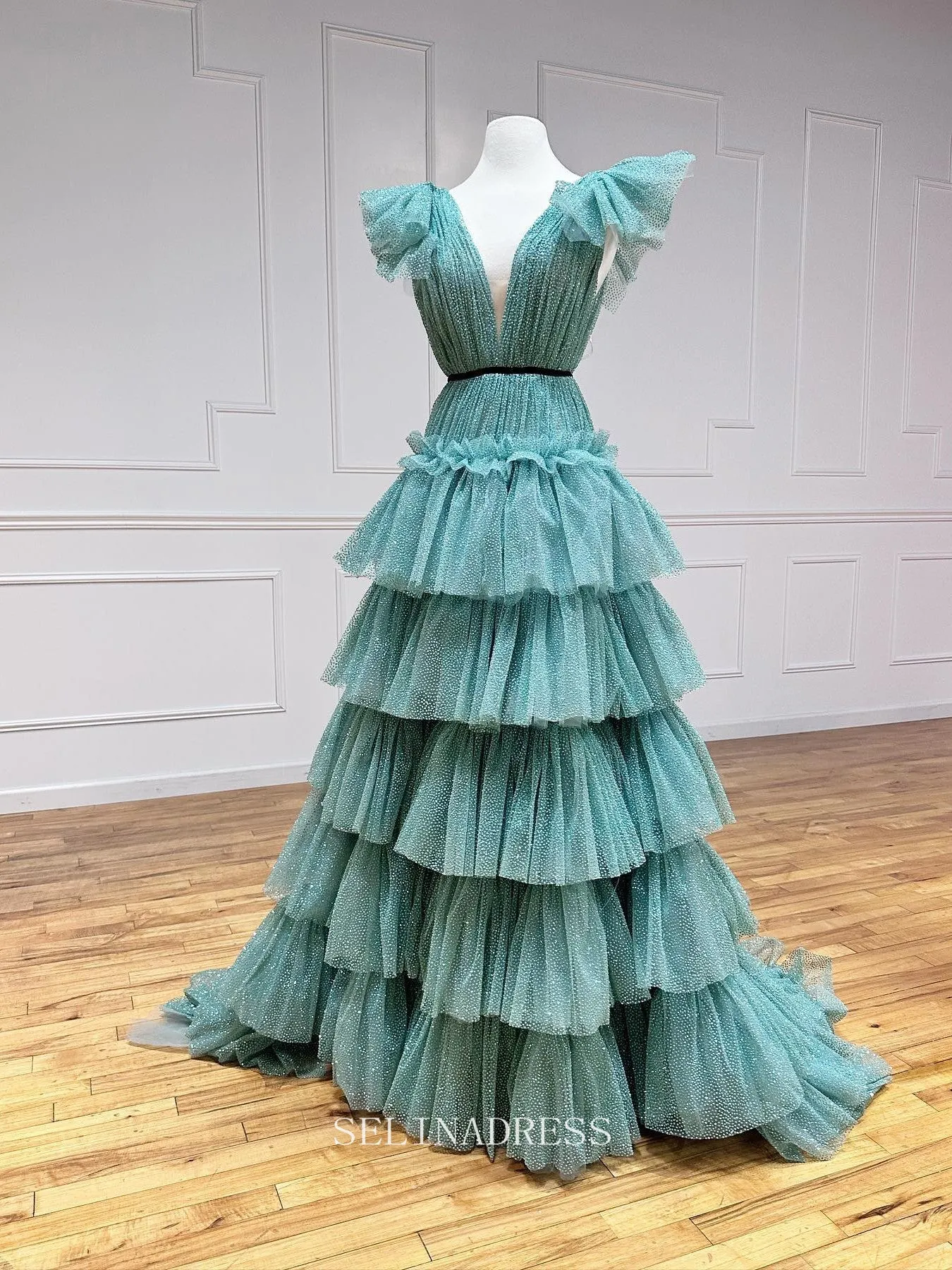 Chic Gorgeous Frill Layered Gown Formal Gown Shiny Long Prom Dress Elegant Evening Dress #LOP601