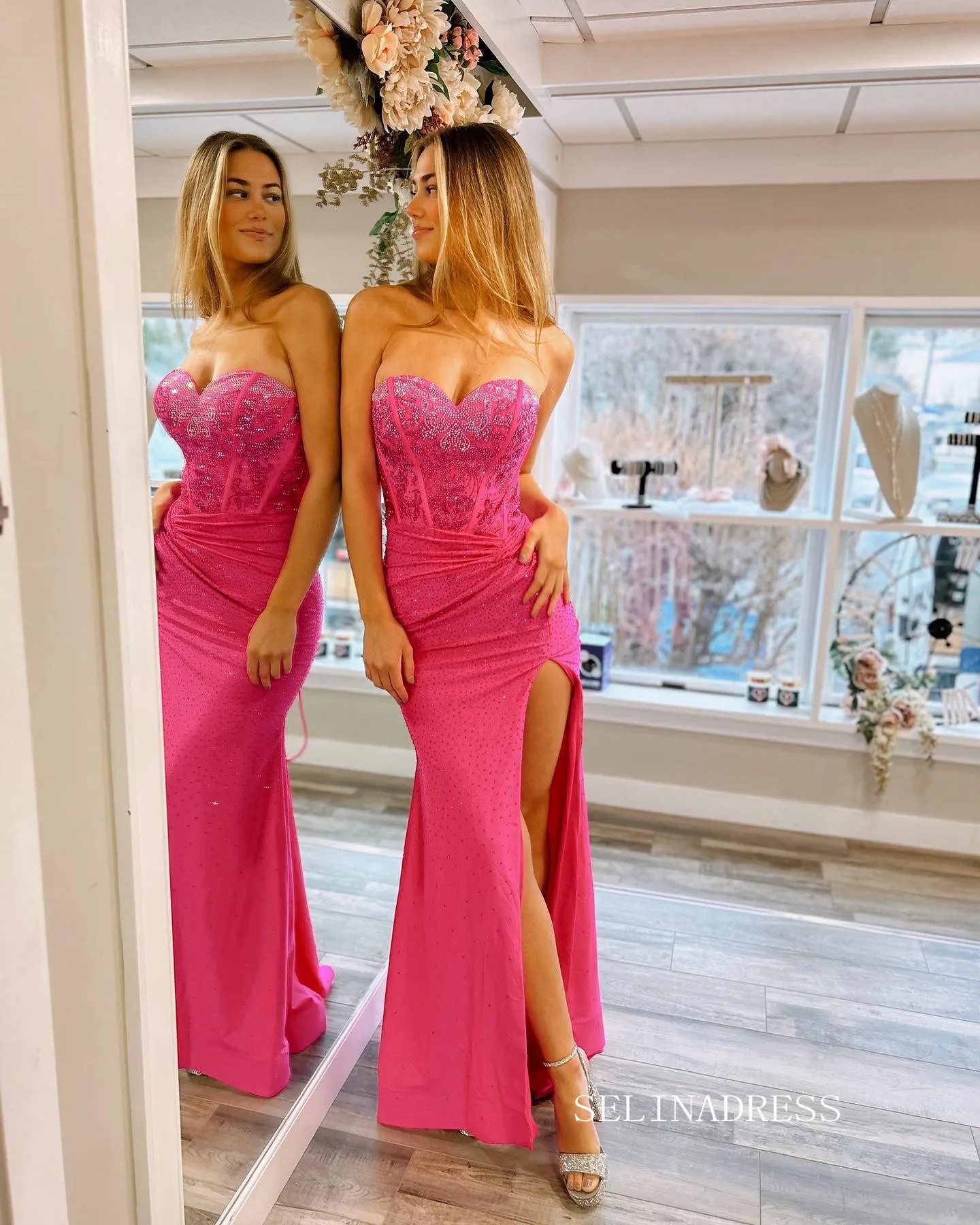 Chic Mermaid Sweetheart Beaded Long Prom Dress Elegant Hot Pink Evening Dress #LOP812