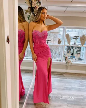 Chic Mermaid Sweetheart Beaded Long Prom Dress Elegant Hot Pink Evening Dress #LOP812