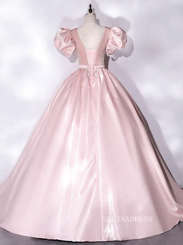 Chic Puff Sleeve Pink Prom Dress Cute Princess Dress Evening Dress #QWE049