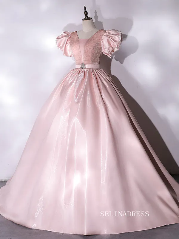 Chic Puff Sleeve Pink Prom Dress Cute Princess Dress Evening Dress #QWE049