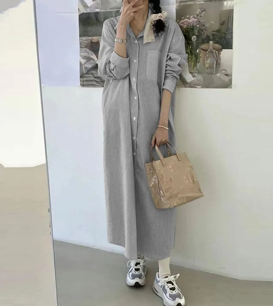 chouyatou Women's Casual Long Sleeve Button Down Striped Maxi Shirt Dress Vintage Pinstripe Tunic Shift Long Dress