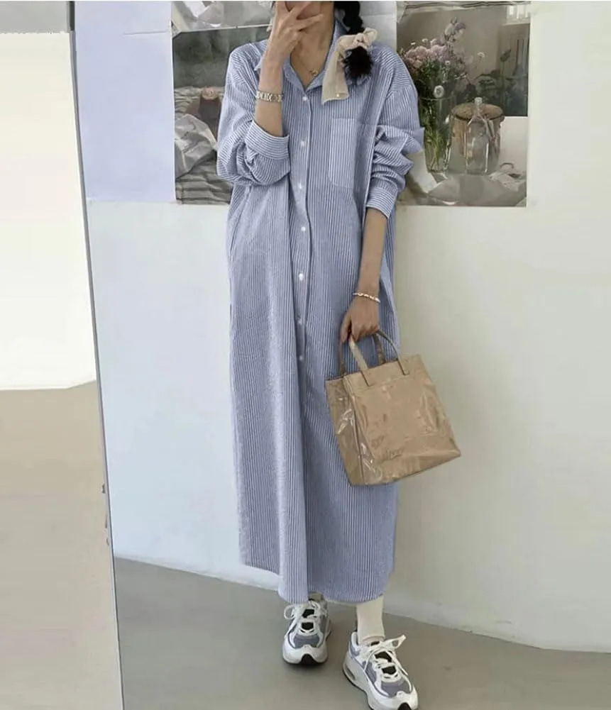 chouyatou Women's Casual Long Sleeve Button Down Striped Maxi Shirt Dress Vintage Pinstripe Tunic Shift Long Dress