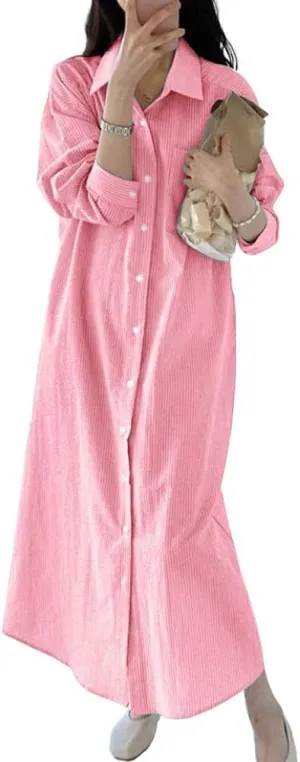 chouyatou Women's Casual Long Sleeve Button Down Striped Maxi Shirt Dress Vintage Pinstripe Tunic Shift Long Dress