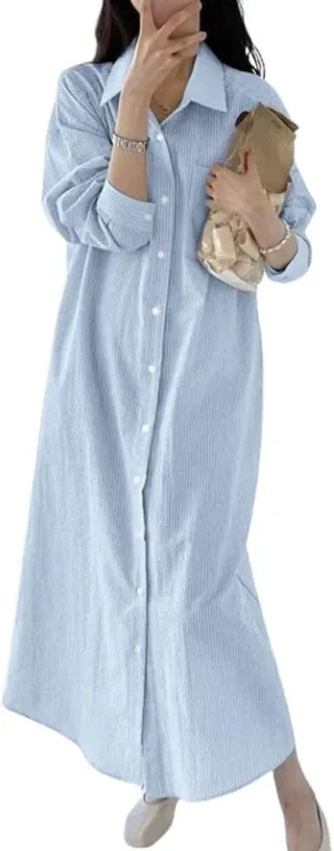 chouyatou Women's Casual Long Sleeve Button Down Striped Maxi Shirt Dress Vintage Pinstripe Tunic Shift Long Dress