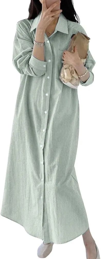 chouyatou Women's Casual Long Sleeve Button Down Striped Maxi Shirt Dress Vintage Pinstripe Tunic Shift Long Dress