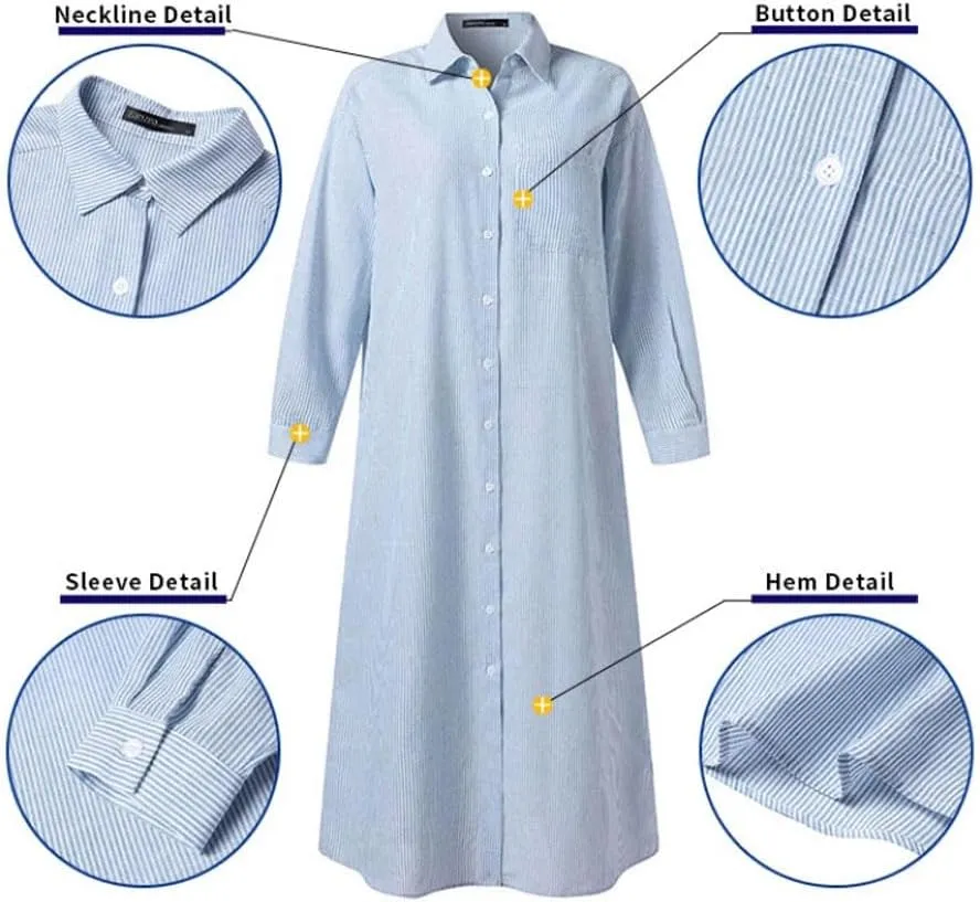 chouyatou Women's Casual Long Sleeve Button Down Striped Maxi Shirt Dress Vintage Pinstripe Tunic Shift Long Dress
